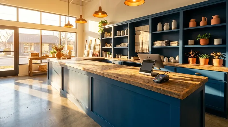 Shop counter with a card reader and shelves of homewares, Business License in Unincorporated California