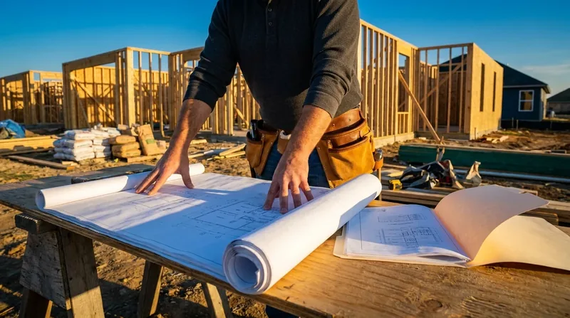 Contractor reviewing blueprints at a jobsite, How to Start an ADU Building Business in California