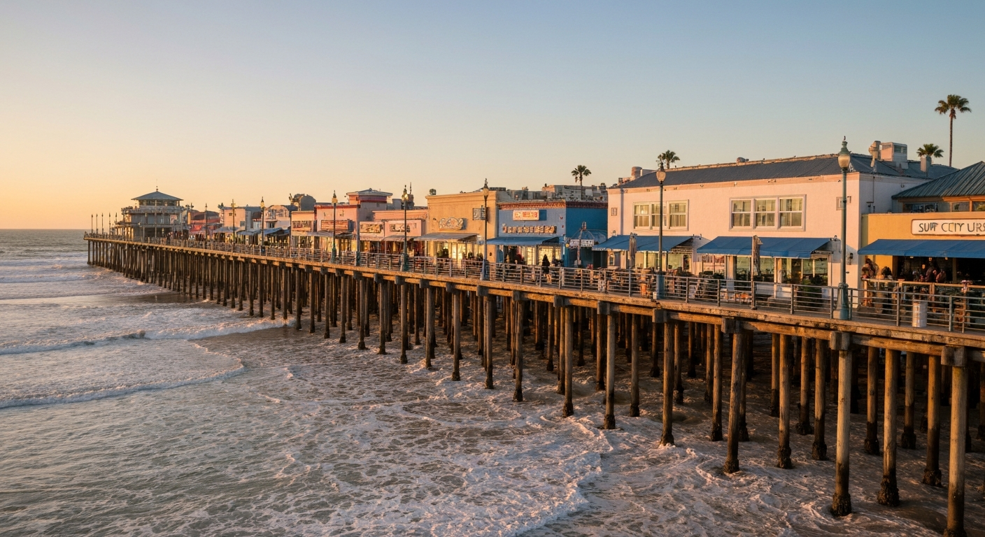 Huntington Beach Pier at sunset with beachfront shops and restaurants in Surf City USA California