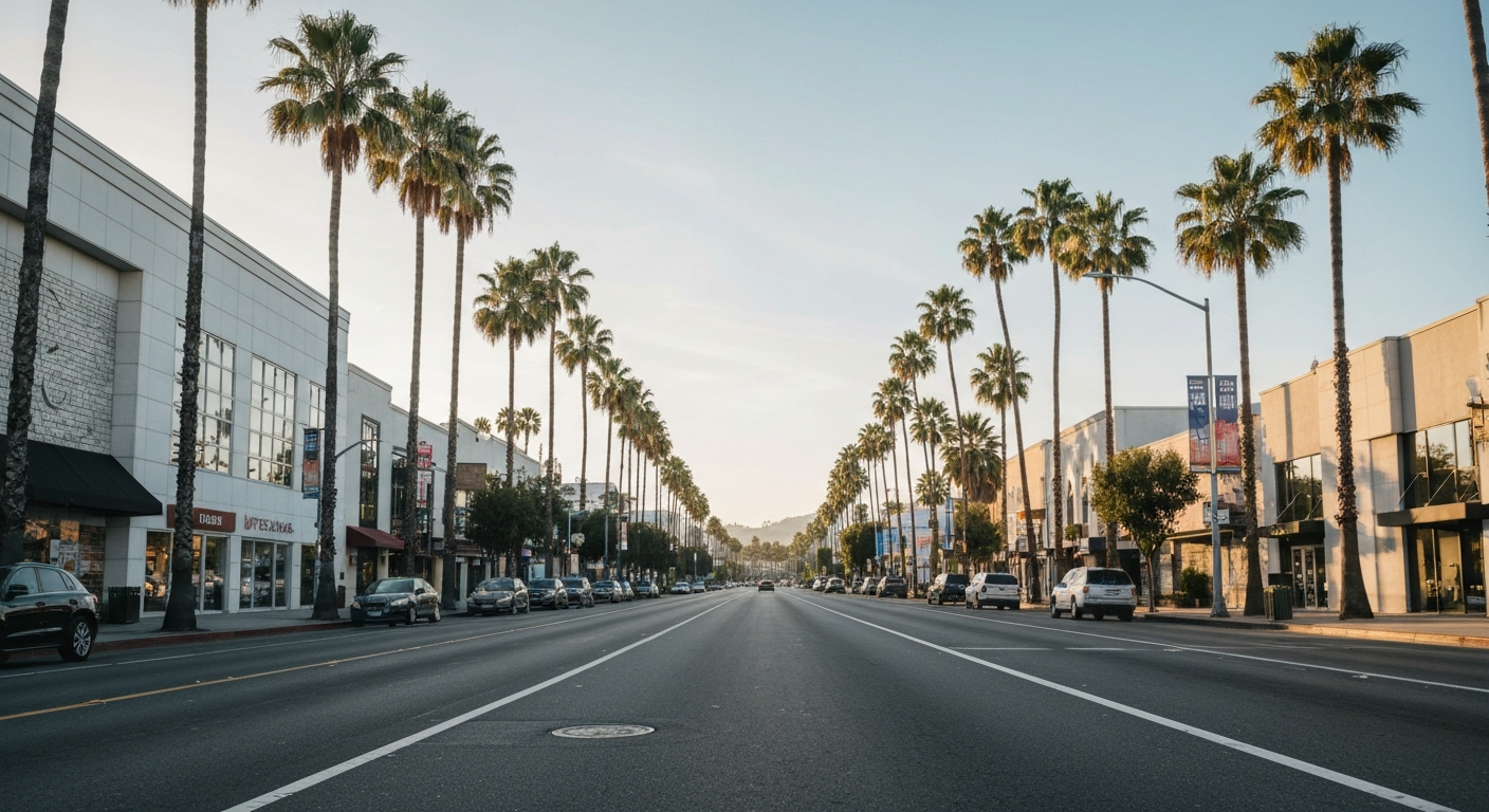 Los Angeles commercial boulevard with palm trees showing the business landscape for starting a company in Los Angeles California