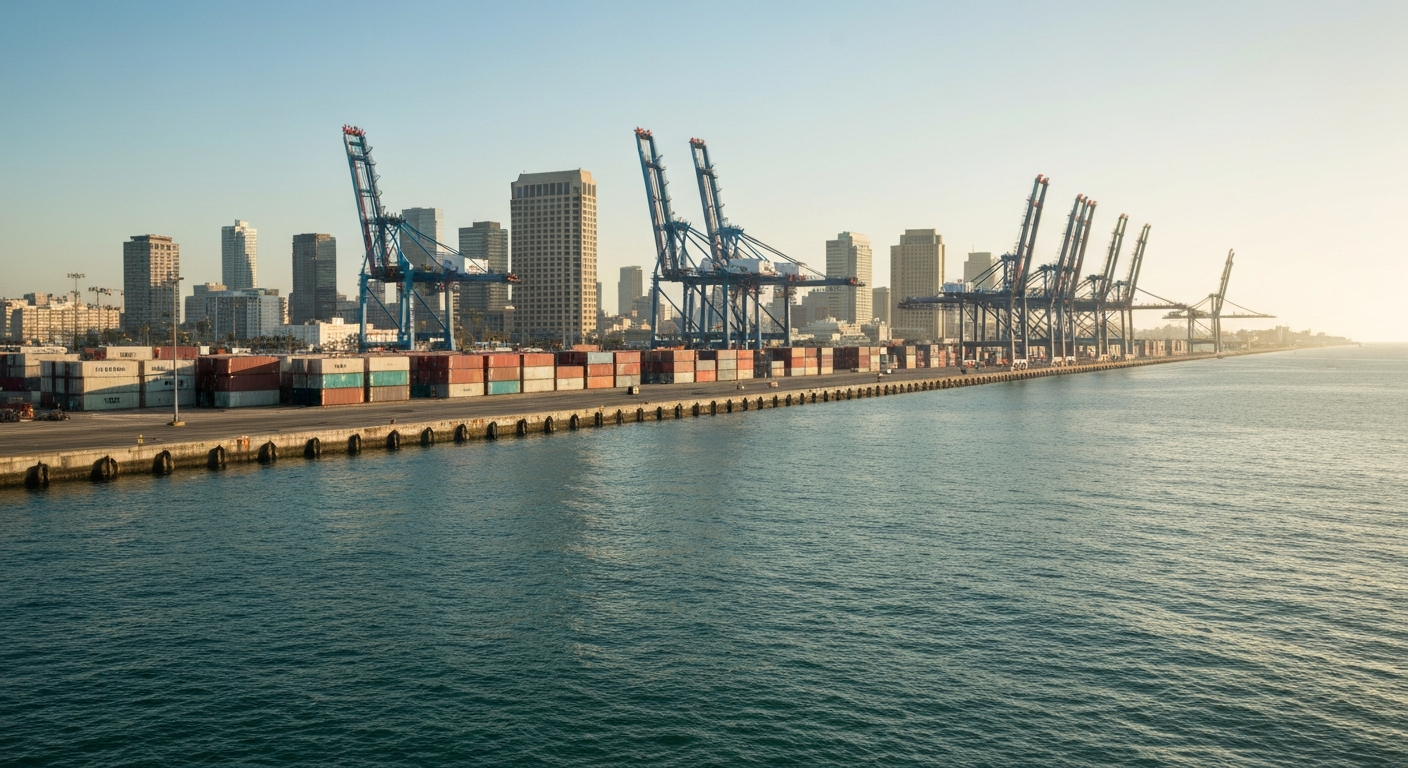 Long Beach California skyline and Port of Long Beach container cranes along the Pacific Ocean waterfront