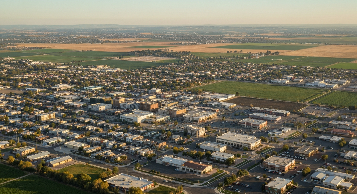 Aerial view of Modesto California showing the city's commercial districts surrounded by Central Valley agricultural land