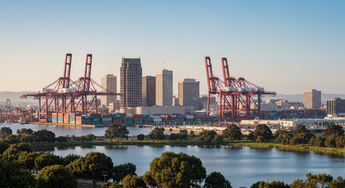 Oakland California skyline with Port of Oakland container cranes and Lake Merritt showing the city business district