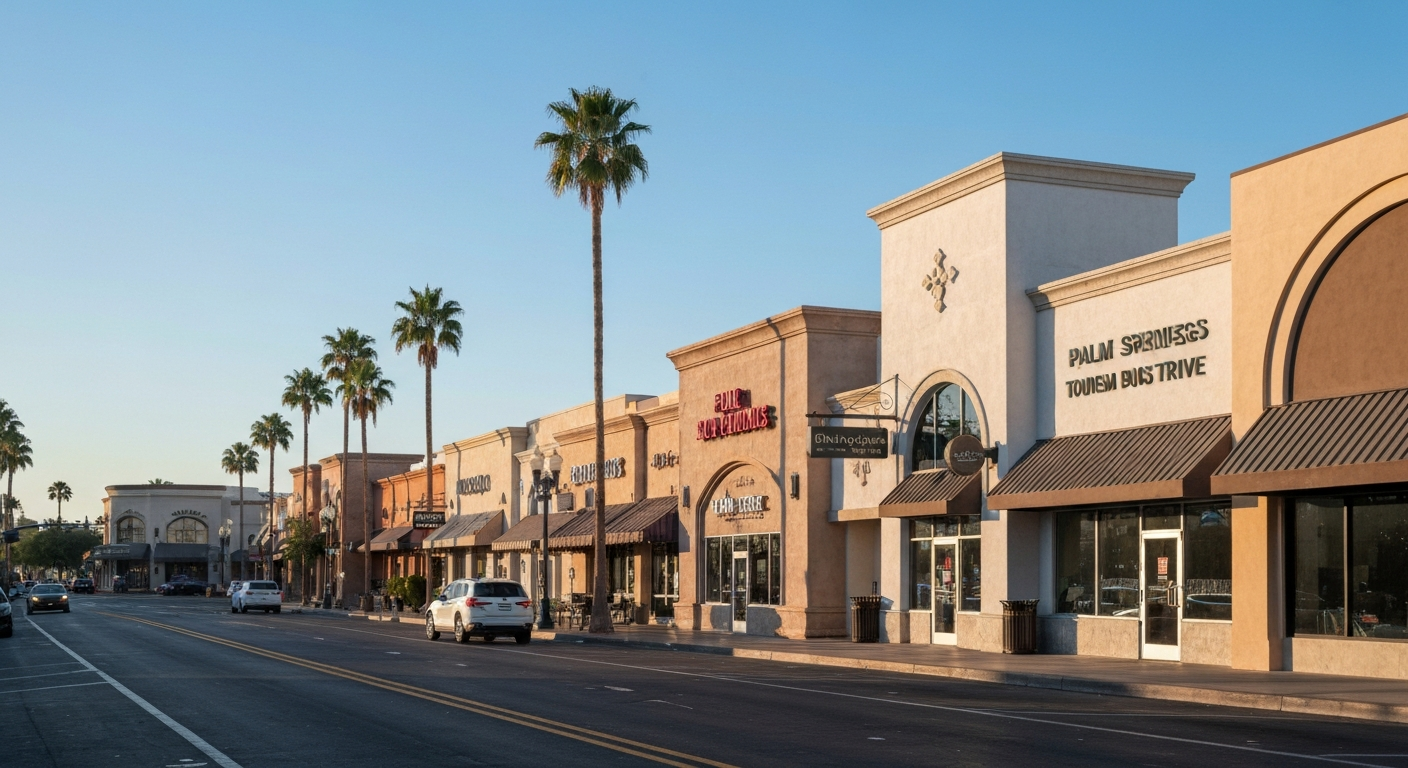 Palm Springs California downtown commercial district showing the desert resort city where tourism businesses thrive