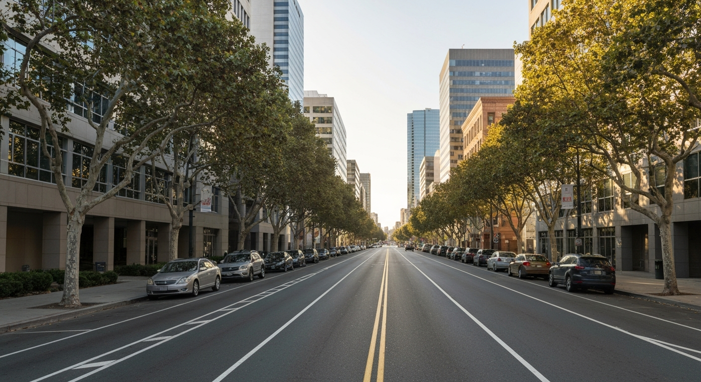 Tree-lined boulevard in Palo Alto California with tech company offices and Stanford Research Park in Silicon Valley