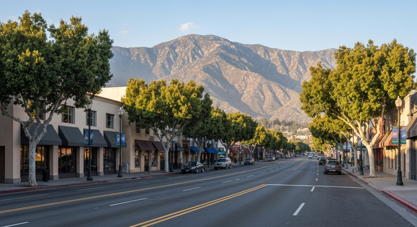 Pasadena California commercial district with tree-lined boulevard and San Gabriel Mountains in the background