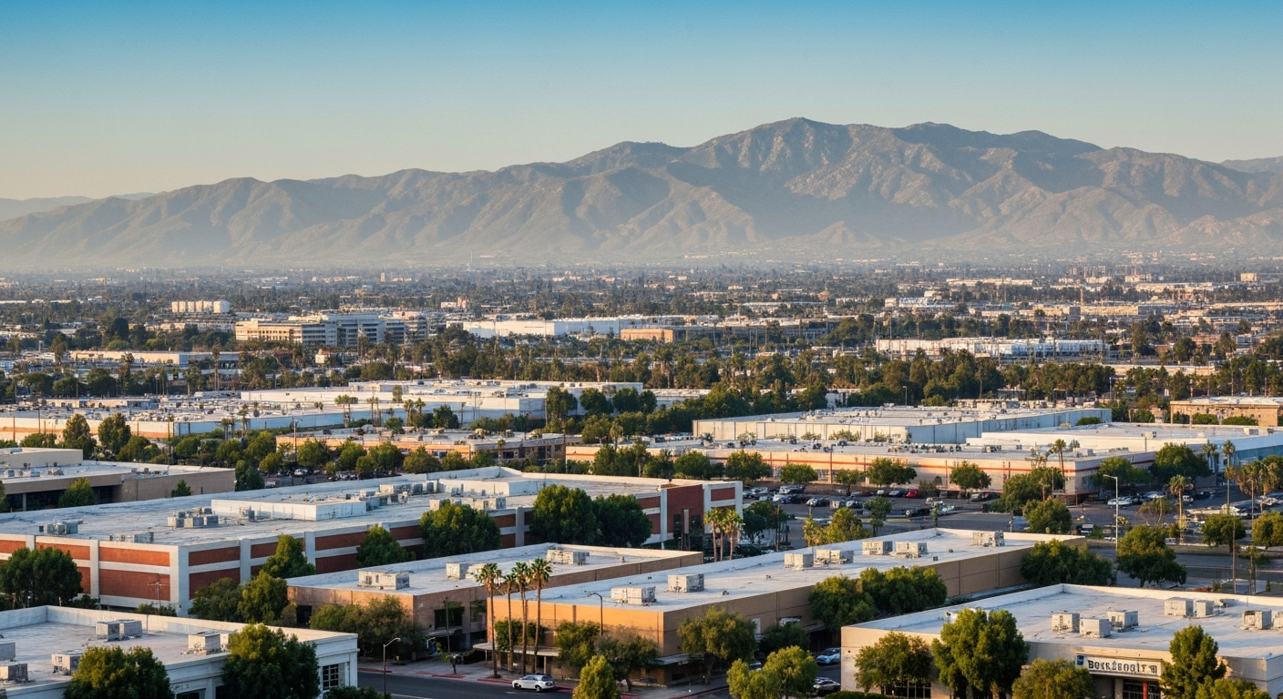 Riverside California cityscape showing the Inland Empire commercial and industrial landscape with mountains in background