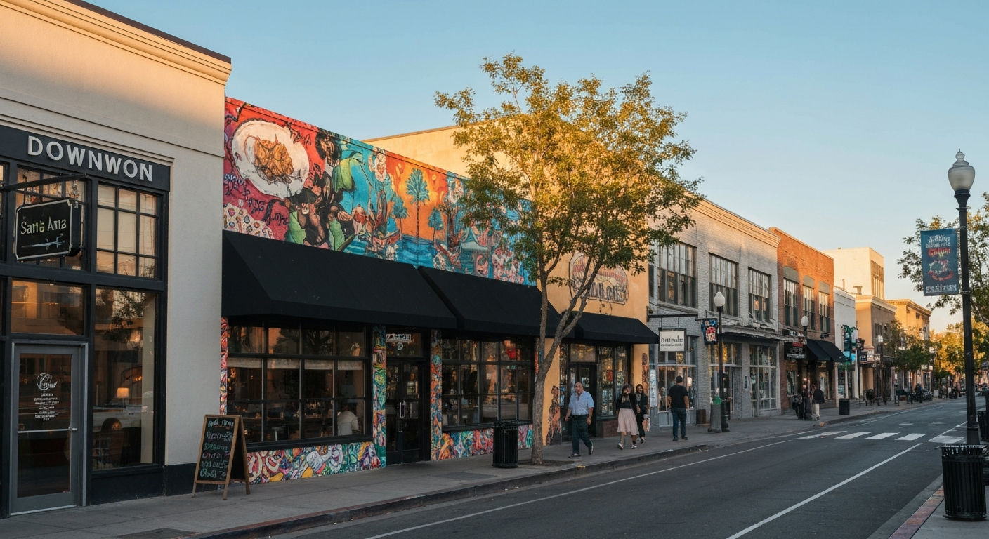 Downtown Santa Ana California revitalized commercial district with murals restaurants and pedestrian activity