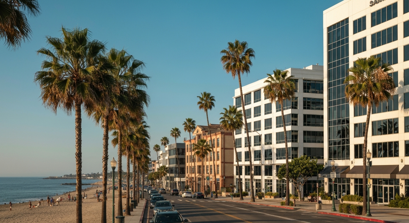 Santa Monica California commercial district near the ocean with palm trees and modern office buildings