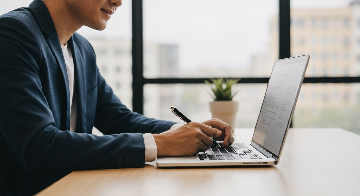 Business owner completing Santa Monica California business license application on a laptop in a bright office