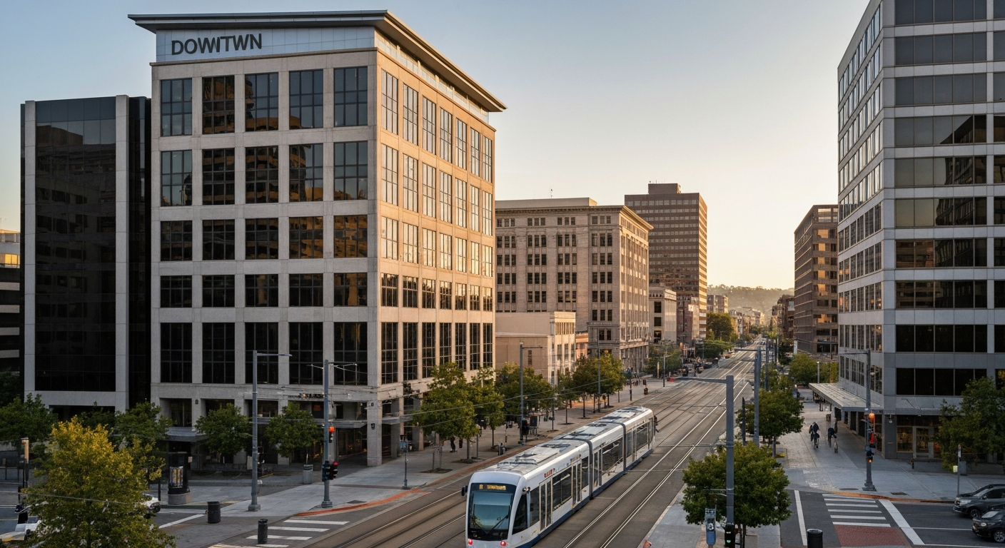 Downtown San Jose showing the modern business district and light rail transit at the heart of Silicon Valley