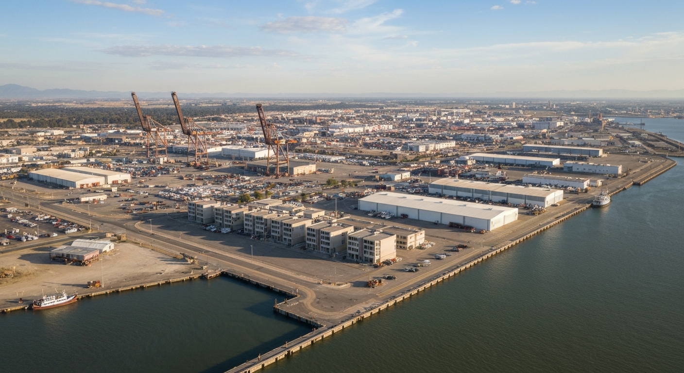 Aerial view of the Port of Stockton on the San Joaquin River, California's inland deepwater seaport